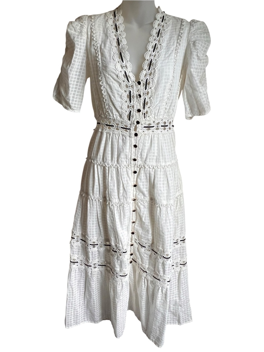 RAHI Anthropologie XS Marbella Nicola Ivory Puff Sleeve Tiered Cotton Dress Boho